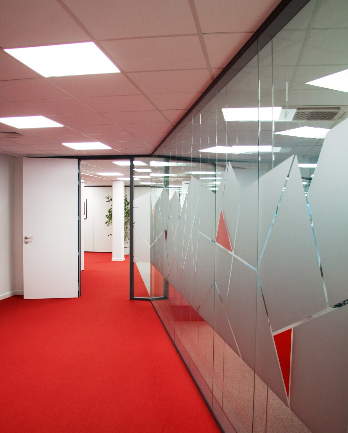 couloir d'entreprise avec tapis rouge et vitrophanie sur vitres