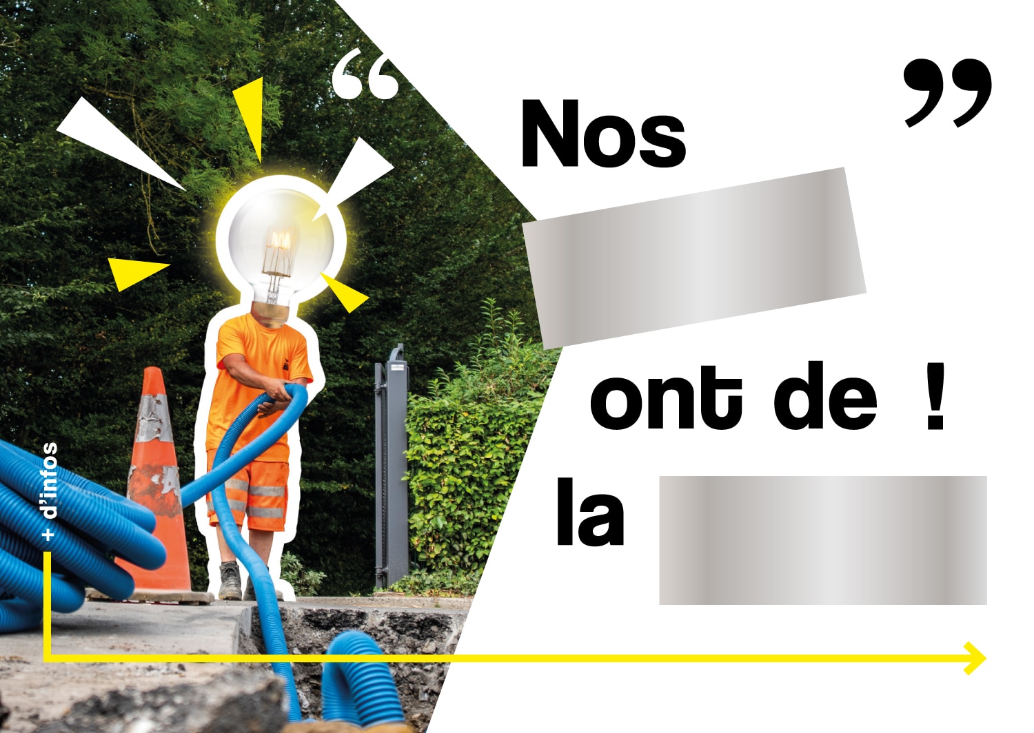 Visuel gratté de la carte à gratter de la campagne de communication de la SWDE "Nos idées ont de la valeurs". On retrouve un visuel d'un travailleur de la SWDE avec une tête d'ampoule ainsi que le logo de la campagne ou les mots "idées" et "valeurs" sont apparus lorsque la carte a été gratté à l'aide d'une pièce.