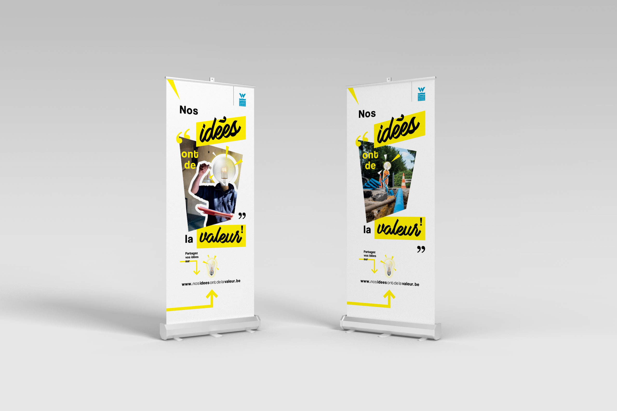 Mockup de deux rollups sur fond gris aux couleurs de la campagne de communication de la SWDE "Nos idées ont de la valeur"