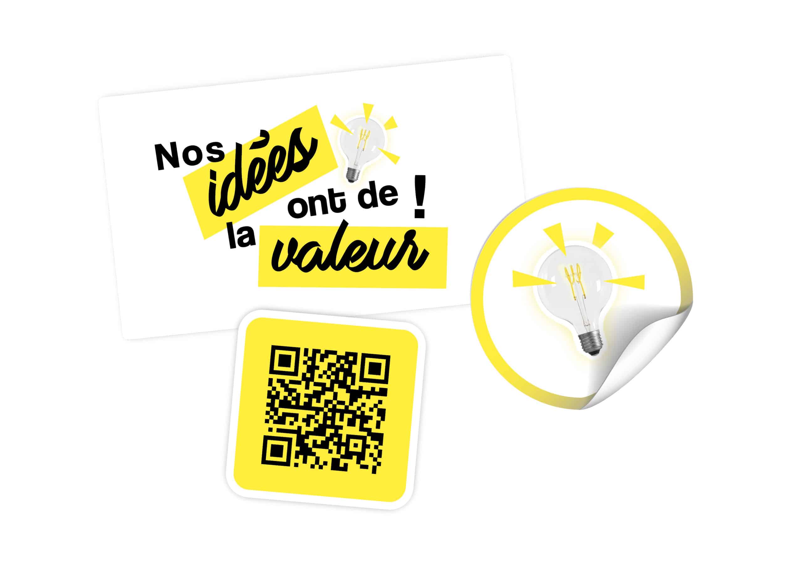 déclinaison de l'identité visuelle de la campagne de communication de la SWDE "Nos idées ont de la valeur" sur des stickers.