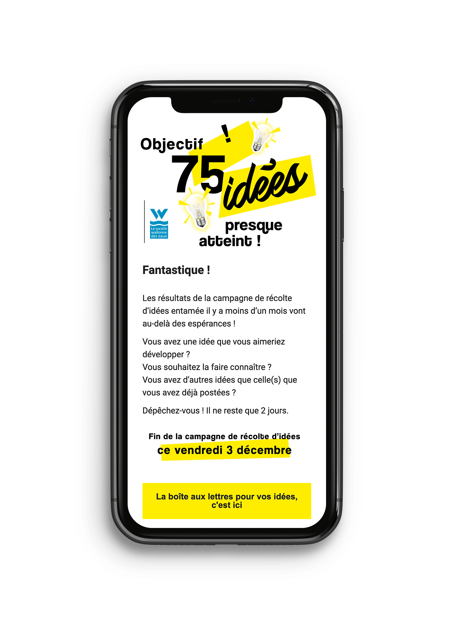 visuel d'une newsletter envoyée dans le cadre de la campagne de communication de la SWDE "Nos idées ont de la valeur" en version mobile sur mockup d'un smart phone