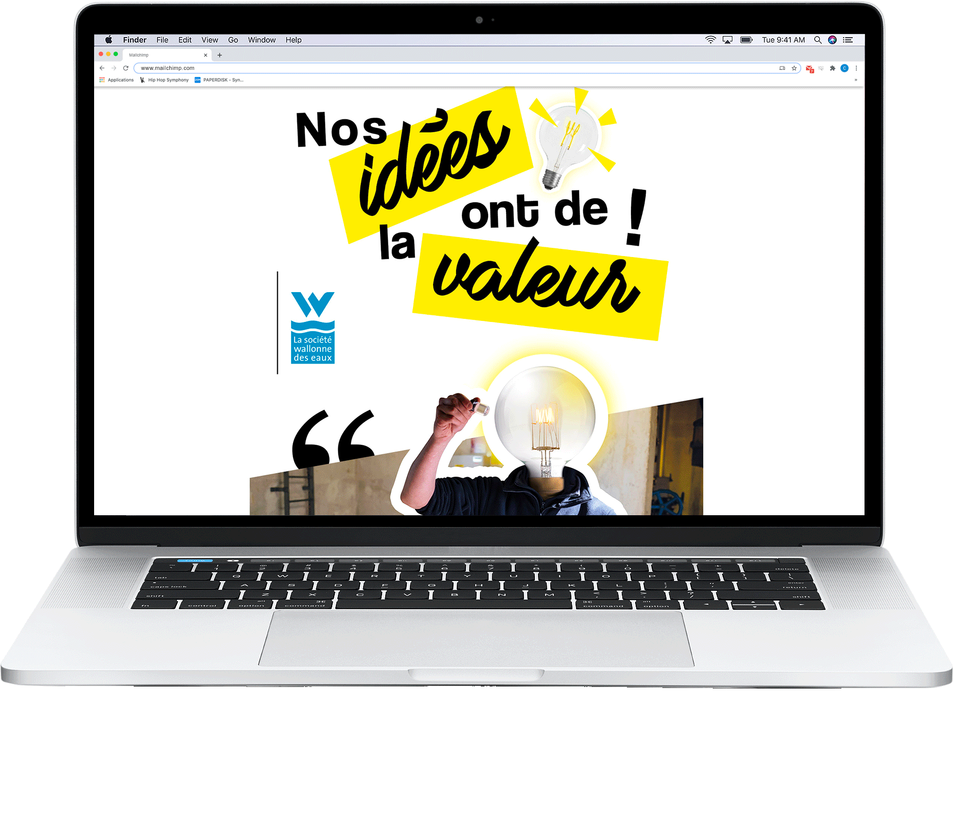 gif animé de différentes newsletters envoyées dans le cadre de la campagne de communication de la SWDE "Nos idées ont de la valeur' sur un macbook pro 13 pouces