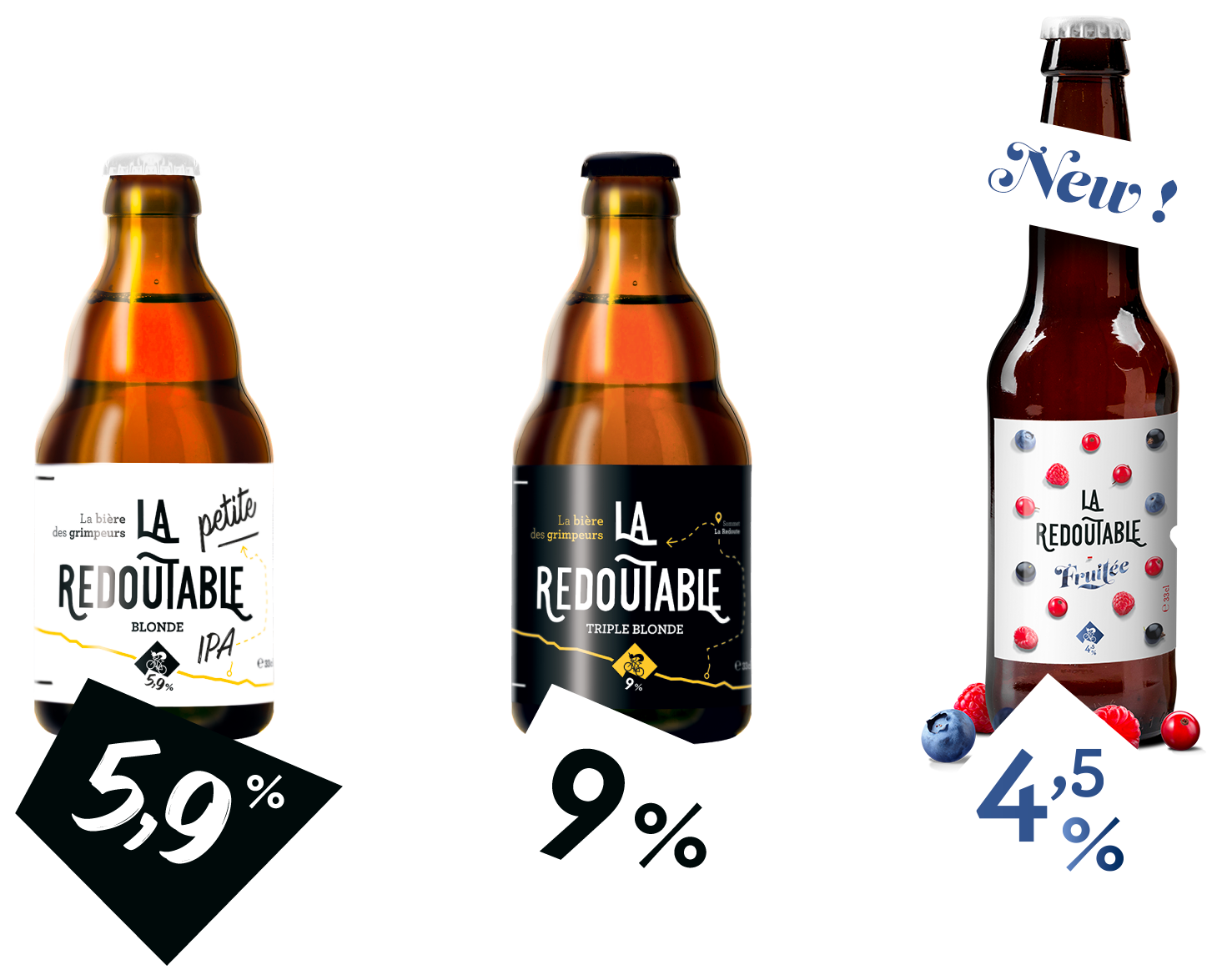 Mockup des bouteilles des trois bières de la gamme La Redoutable avec le pourcentage