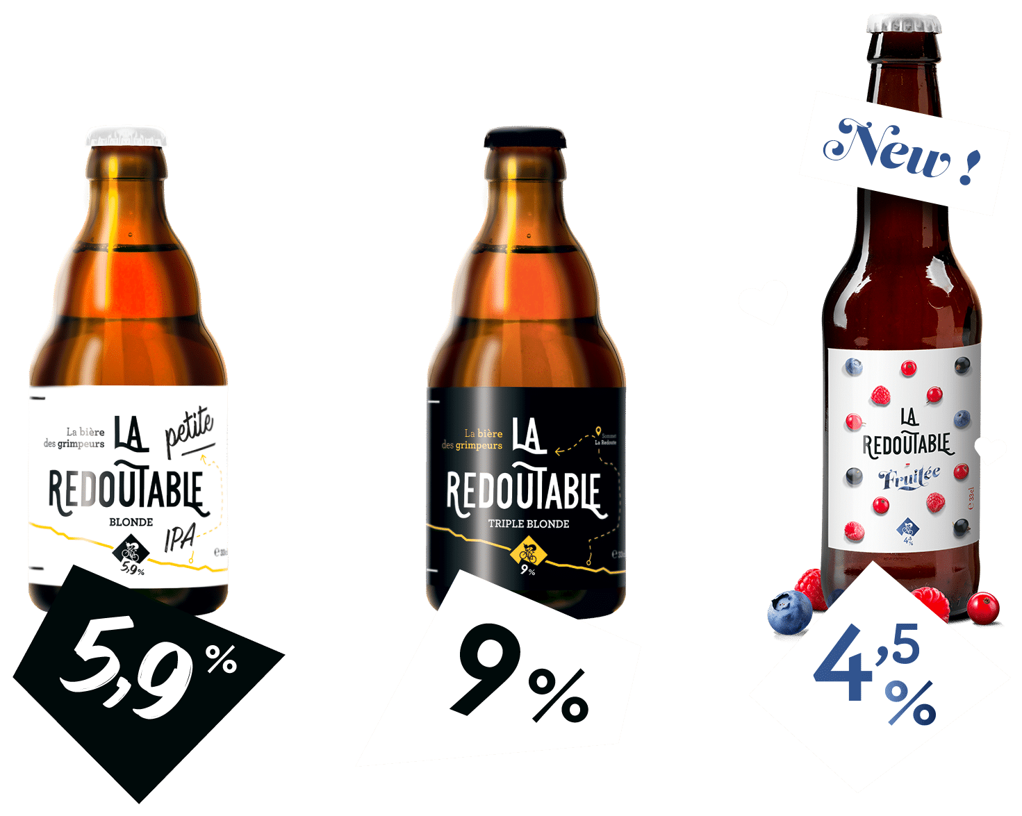 Mockup des bouteilles des trois bières de la gamme La Redoutable avec le pourcentage