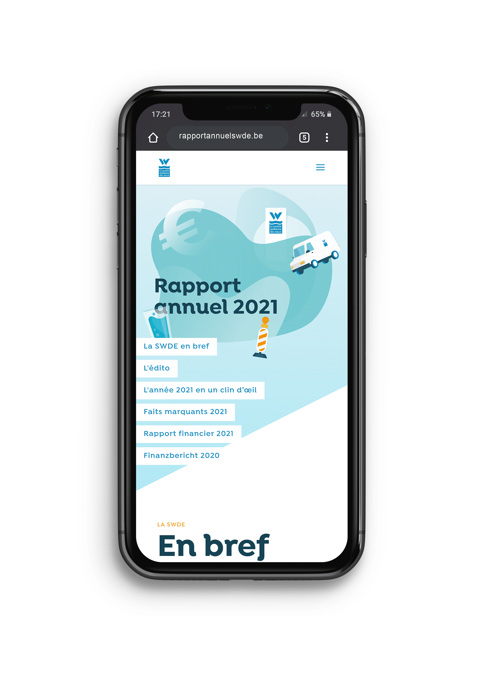 visuel du rapport annuel numérique de la SWDE en version mobile sur mockup d'un iphone