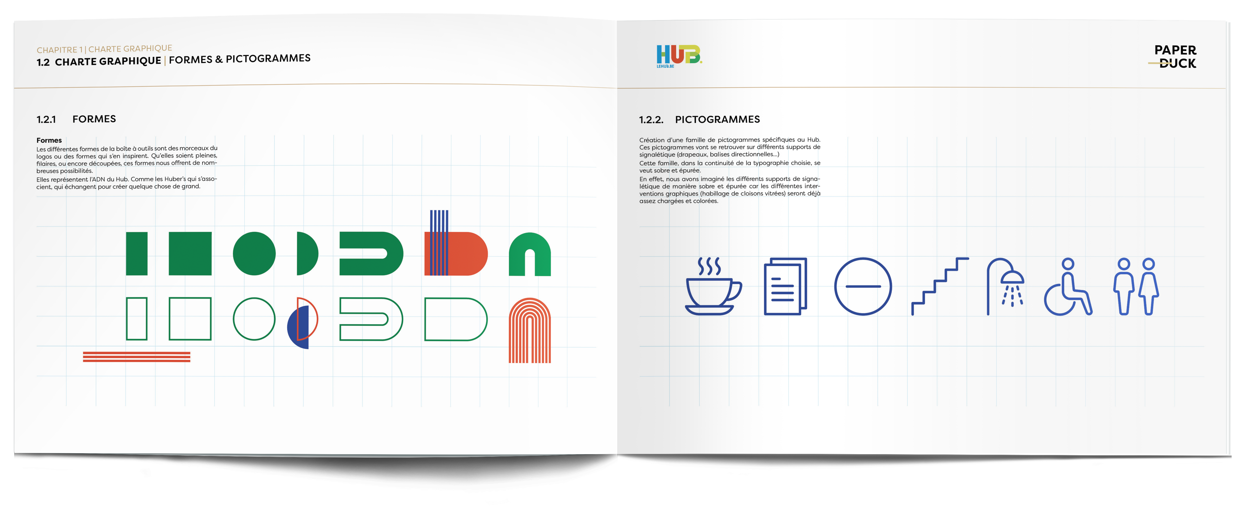livre avec présentation de la charte graphique signalétique créée spécialement pour le hub: les formes et les pictogrammes