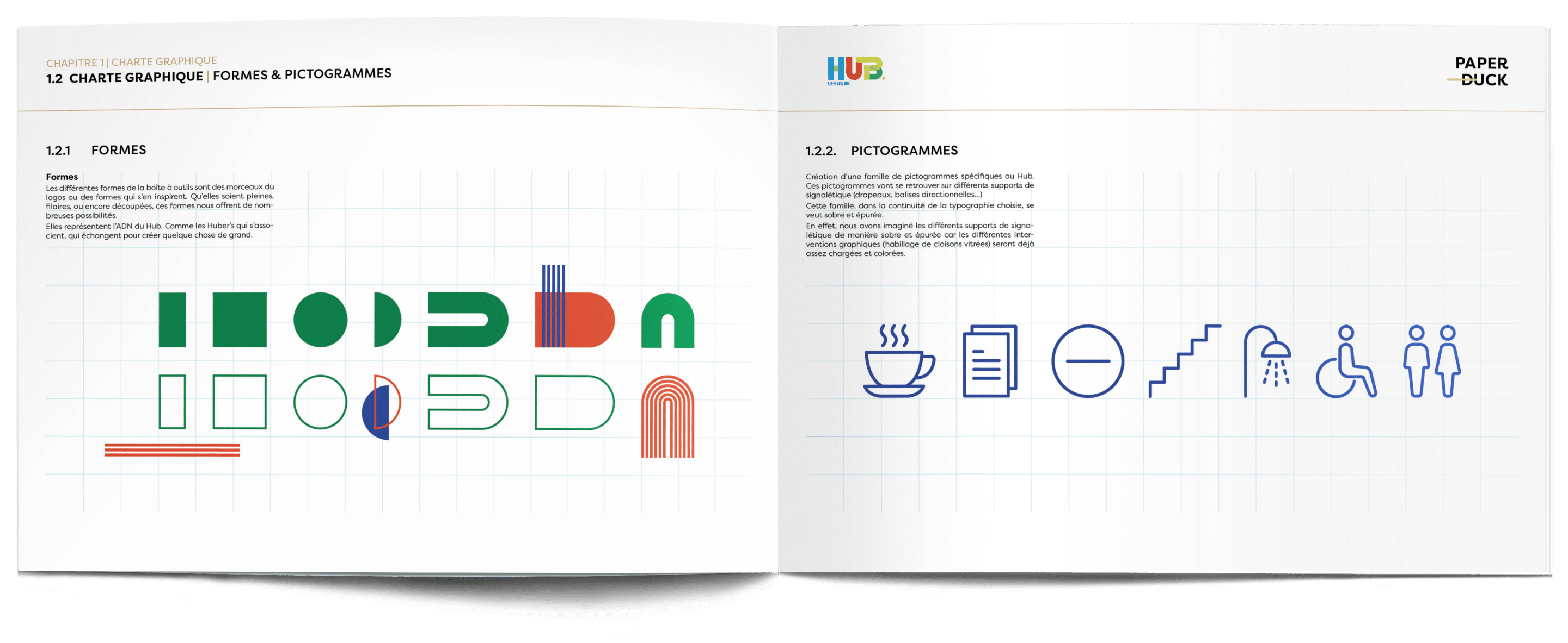 livre avec présentation de la charte graphique signalétique créée spécialement pour le hub: les formes et les pictogrammes