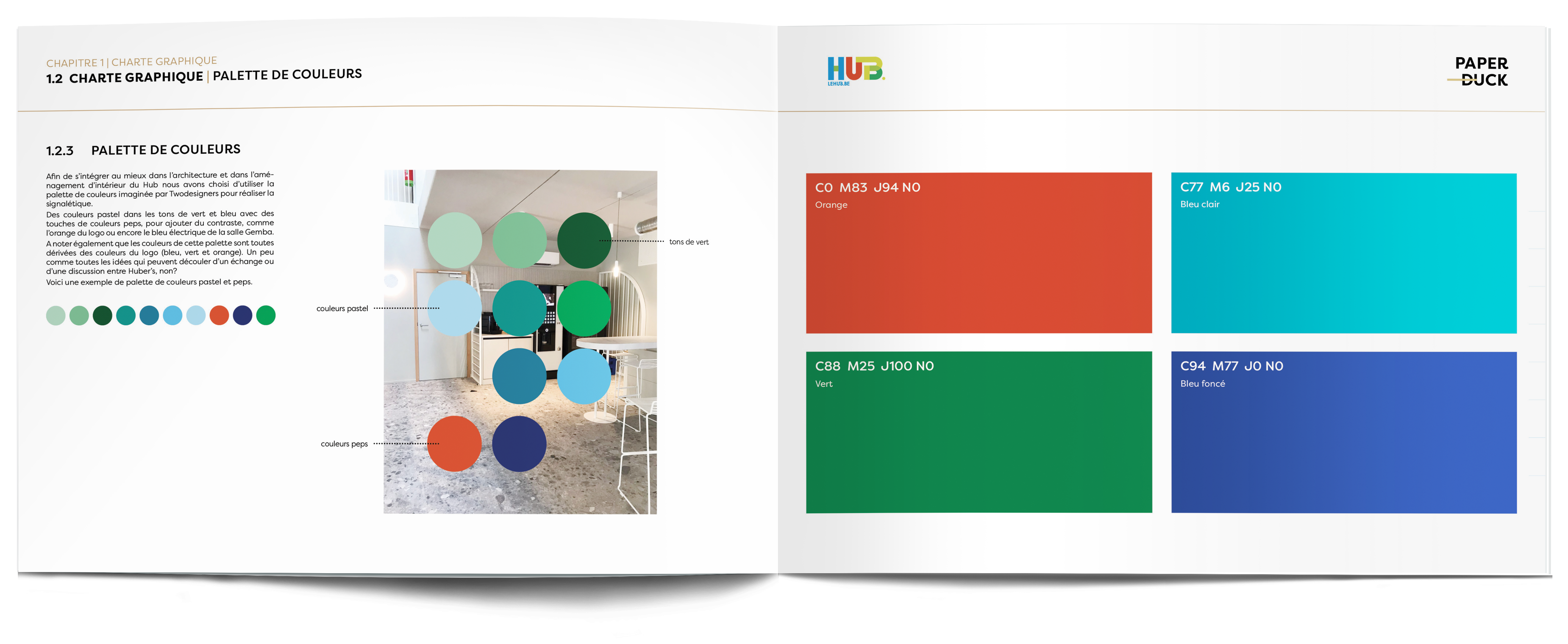 livre avec présentation de la charte graphique signalétique créée spécialement pour le hub: la palette de couleurs