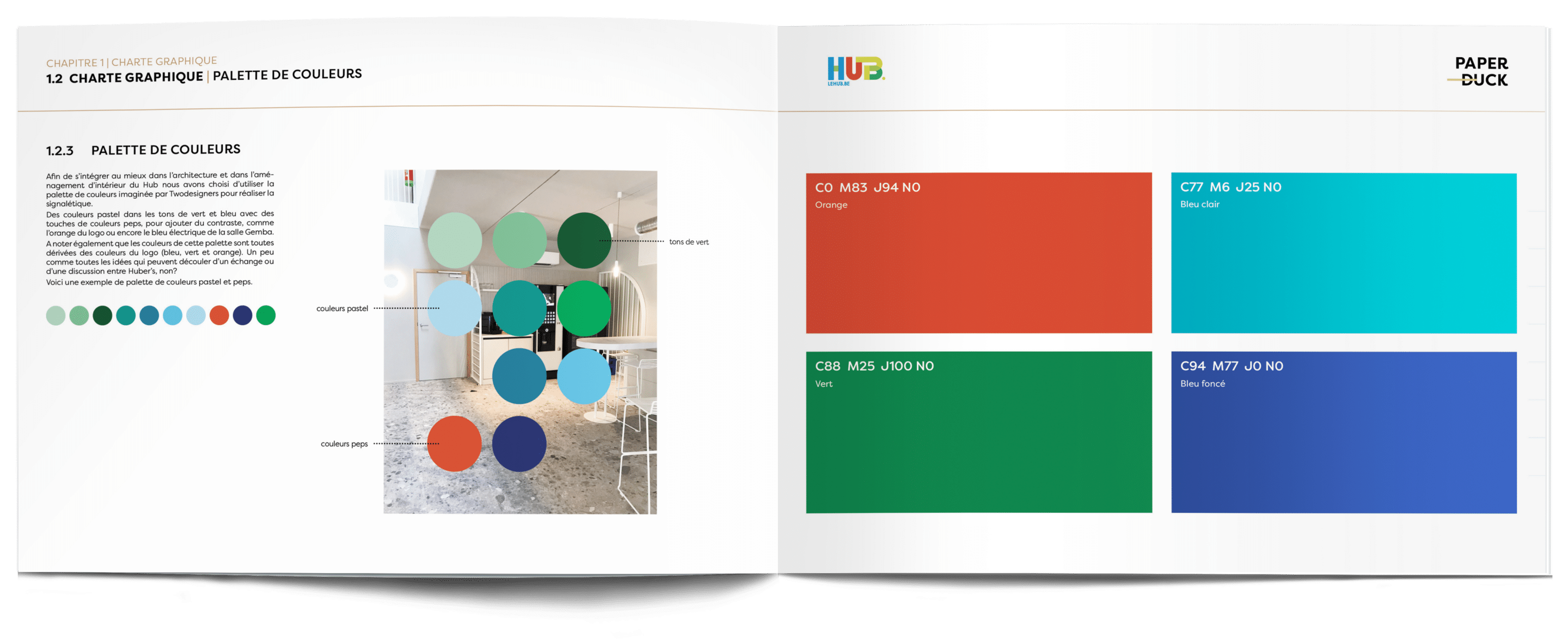 livre avec présentation de la charte graphique signalétique créée spécialement pour le hub: la palette de couleurs