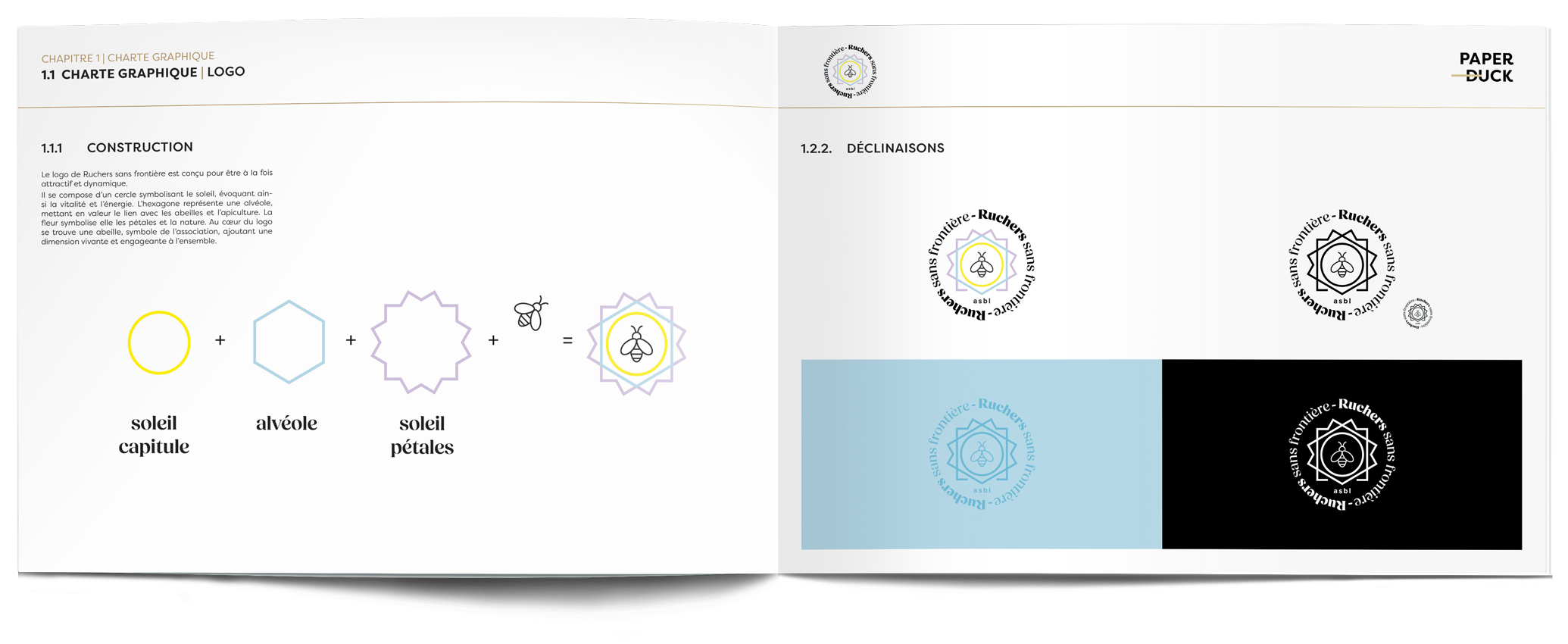 Projet d'univers graphique réalisé par Paper Duck: livre avec présentation de la construction du logo Ruchers sans frontière