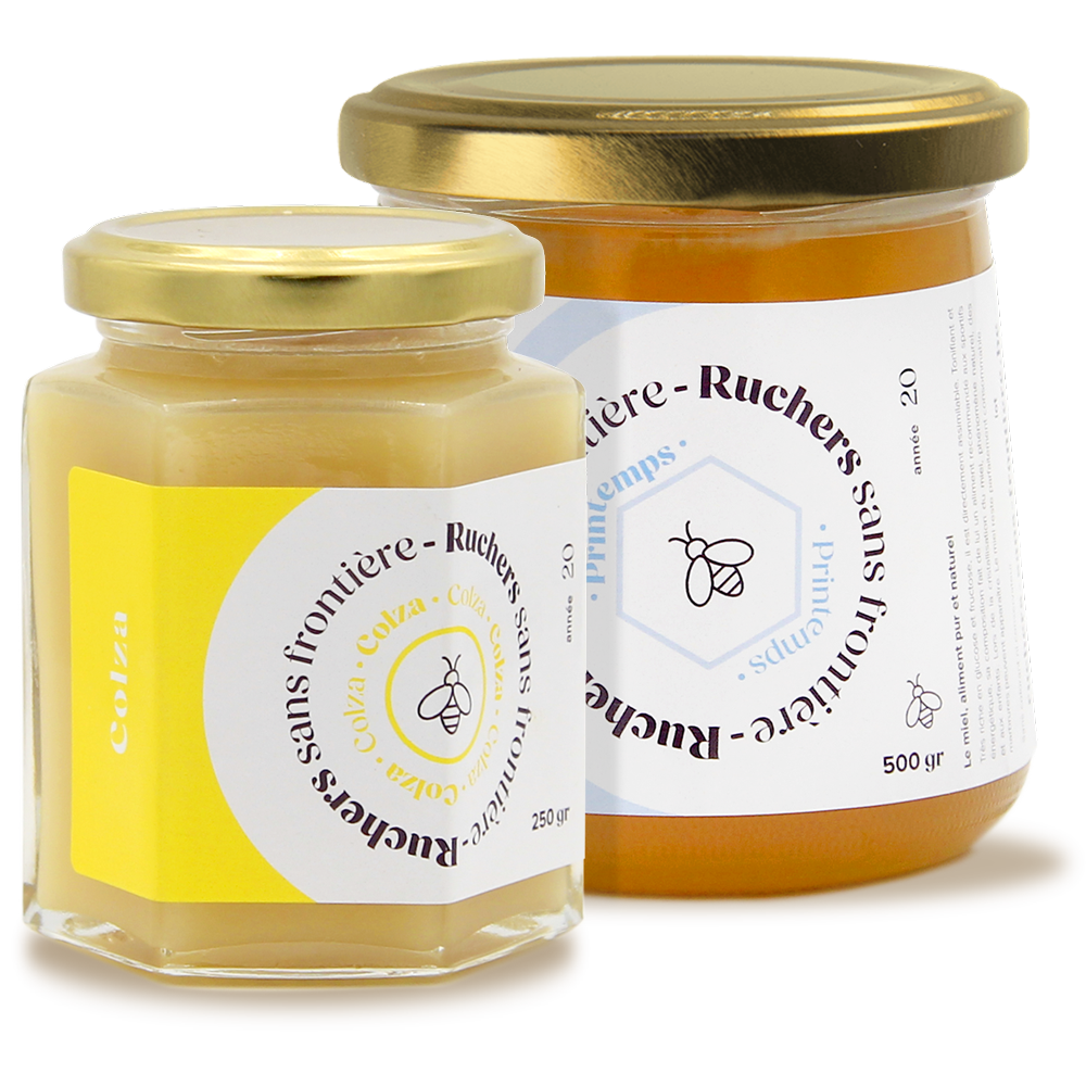 Projet d'univers graphique réalisé par Paper Duck: création des packaging pour les différents pots de miel de Ruchers sans frontière: printemps 500g et colza 250g