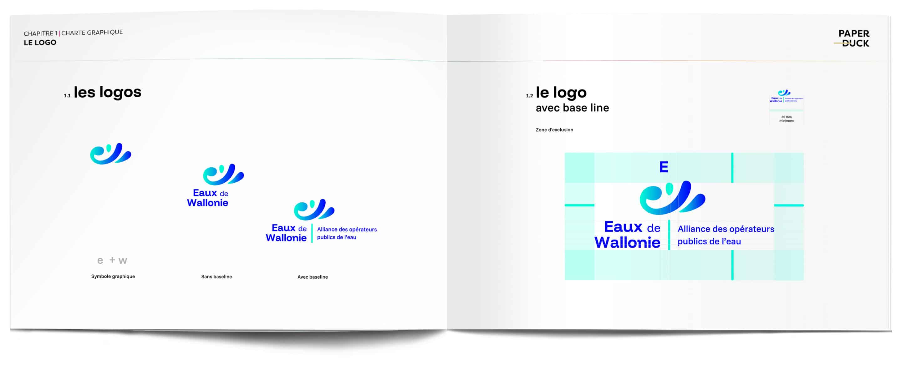  Double page du dossier présentatn la charte graphique réalisée par paper Duck pour Eaux de Wallonie: Les variantes du logo et ses zones d'exclusion