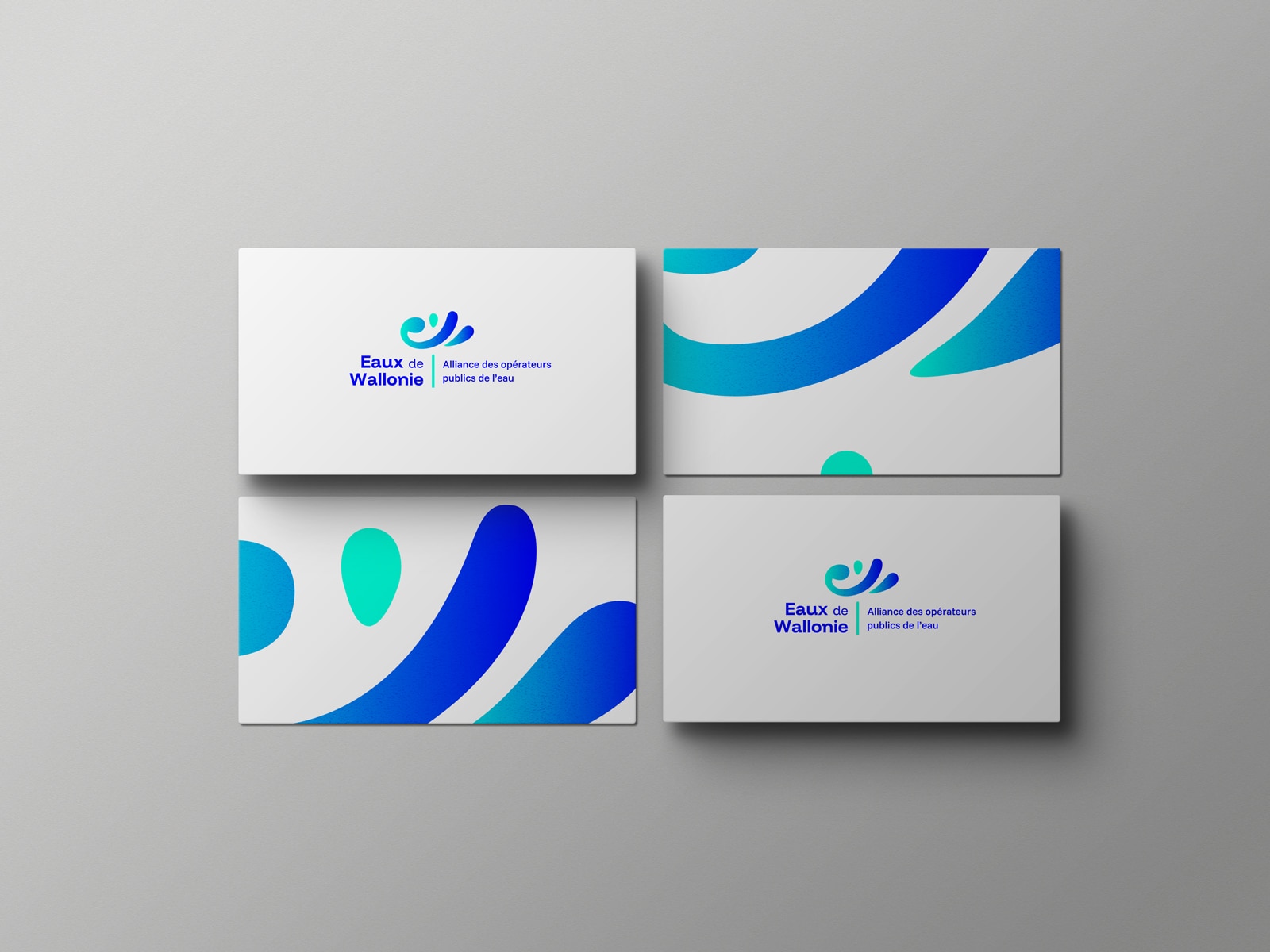 Déclinaison de l'identité visuelle créée par Paper Duck pour Eaux de Wallonie sur des cartes de visite