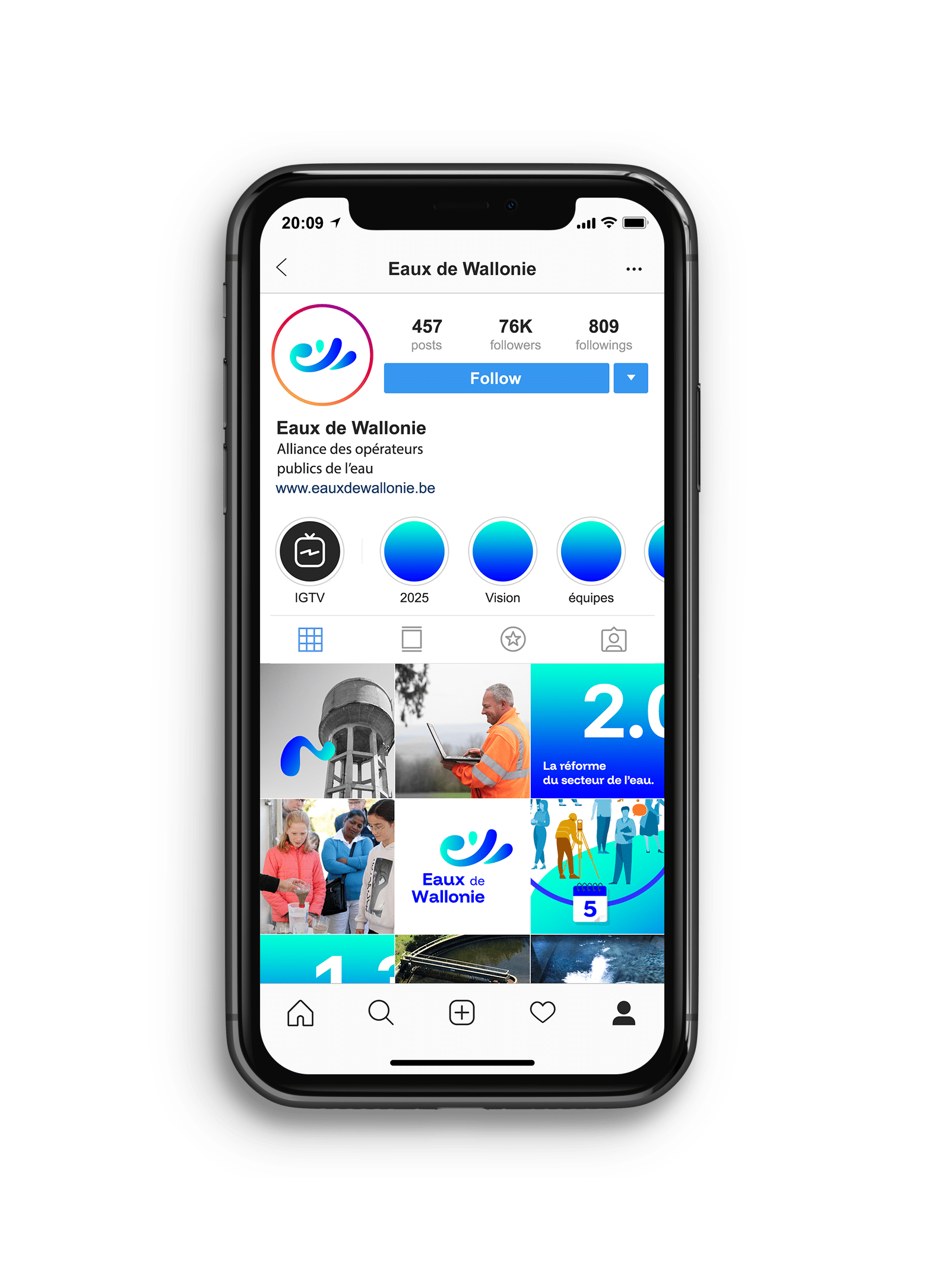 présentation du feed instagram d'Eaux de Wallonie créé par Paper Duck