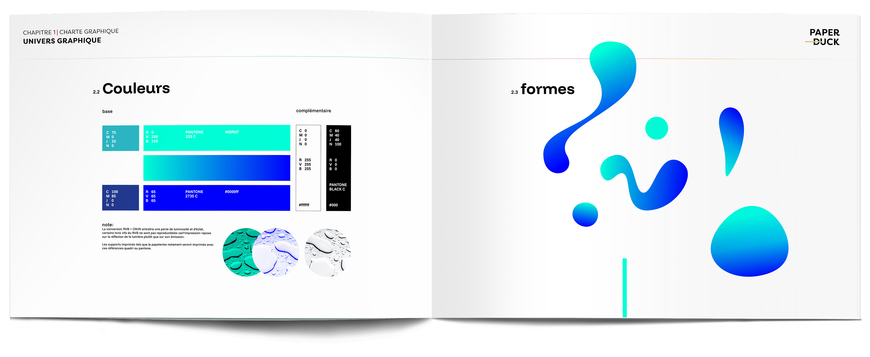  Double page du dossier présentatn la charte graphique réalisée par paper Duck pour Eaux de Wallonie: La palette de couleurs et les formes