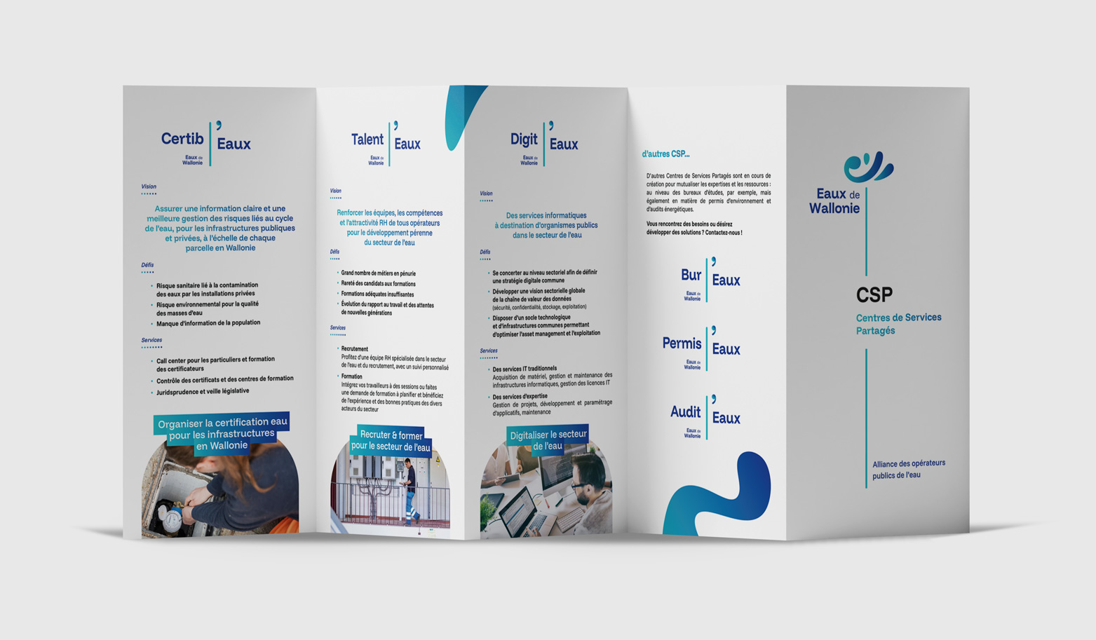 Photo du dépliant mise en page par paper Duck pour Eaux de Wallonie